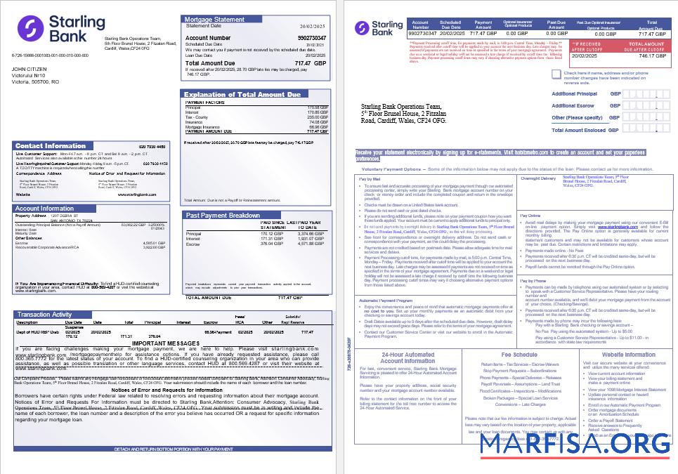 Blank UK Starling Bank mortgage statement in Word and PDF formats, 3 pages download for verification